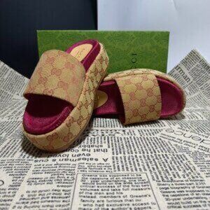 NEW Gucci Angelina GG Canvas Platform Slide Sandals in Beige Brown